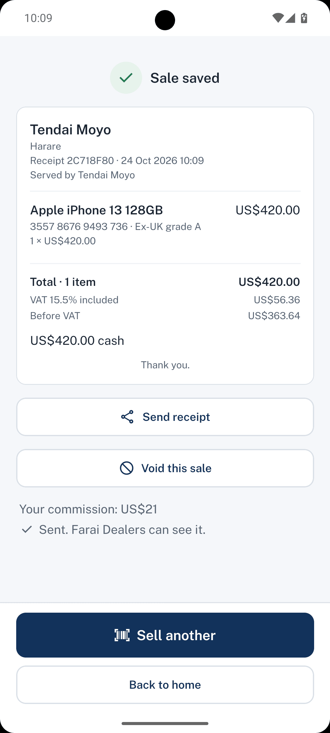 Dealpad screen: Sale done, waiting to send