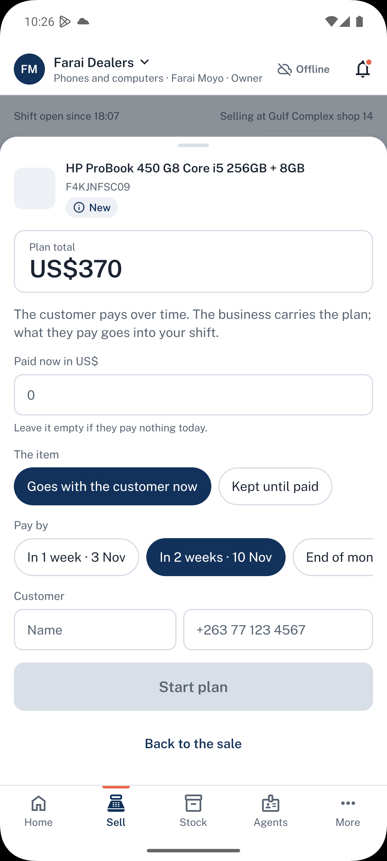 Dealpad screen: Plan with payments