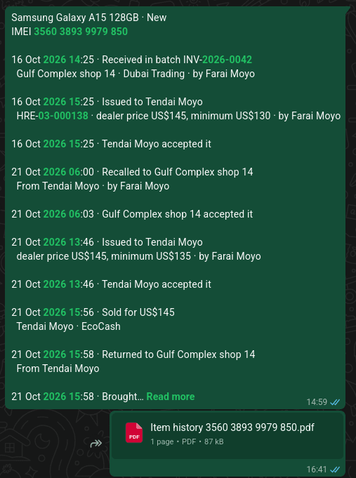 Dealpad screen: History shared to WhatsApp